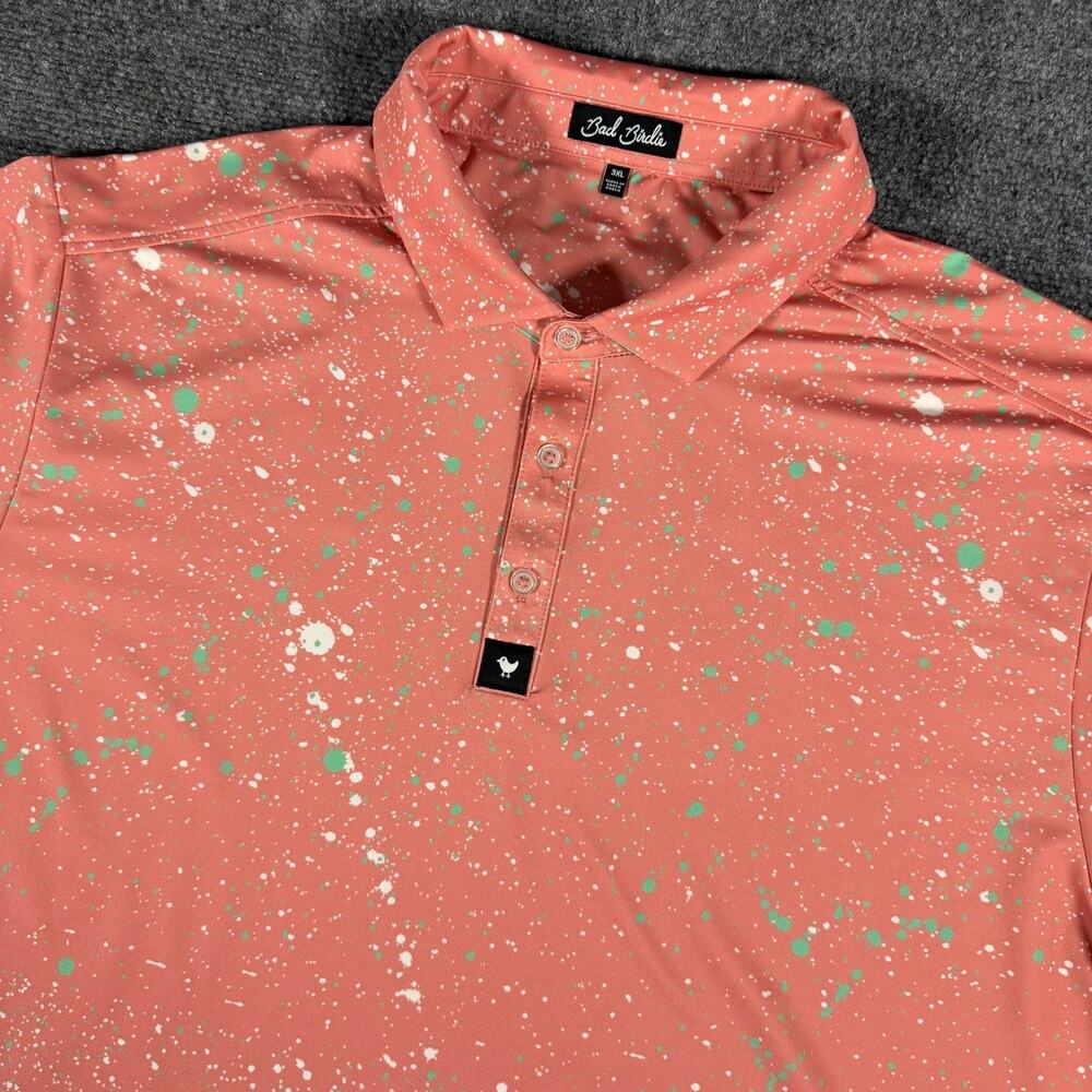 Bad Birdie Golf Polo Shirt SS Mens 3XL (Fits XL) Pink Paint Splatter Performance